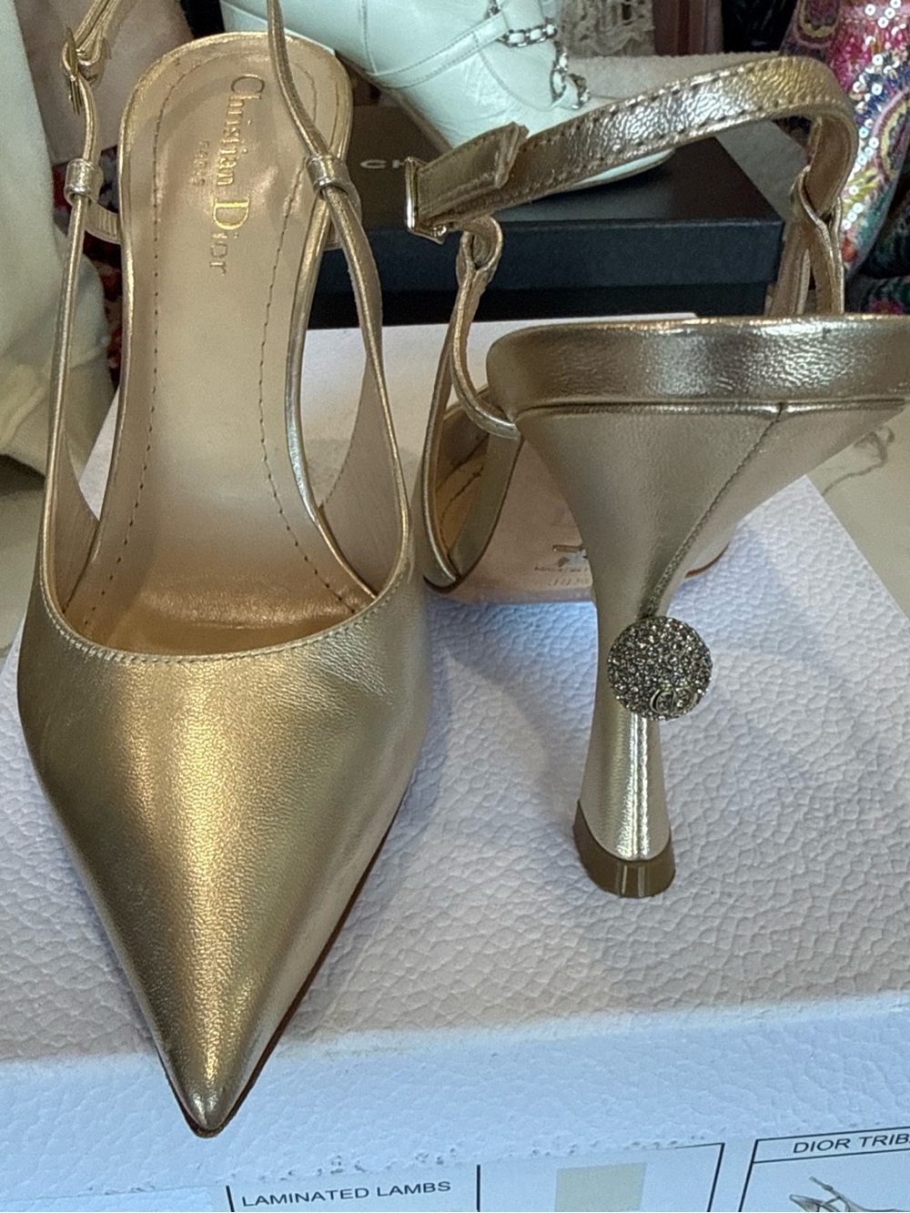 Dior Metallic Gold Pointed Slingback Heels with Crystal Heel Accent